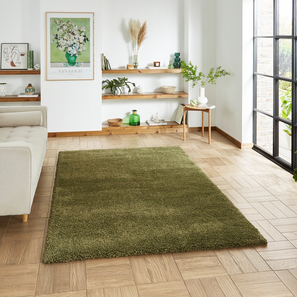 Sierra 9000 Plain Shaggy Modern Rugs in Olive Green